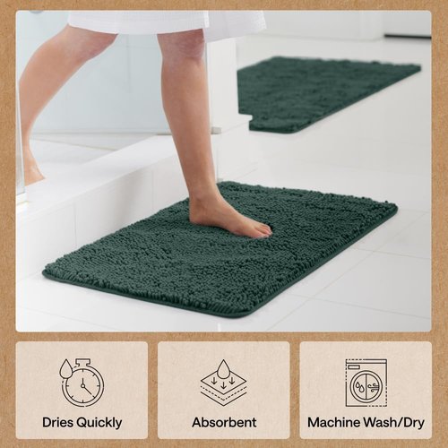 GORILLA GRIP Bath Rug Mat - Soft Absorbent Chenille | Quick Dry Microfiber, 30x20, Hunter Green
