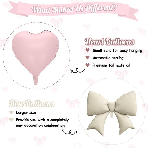 Cream Pink Heart Balloons, Pink Bow Balloons, 10Pcs 18 Inch Heart Shaped Balloon and 38 Inch Helium Bow Foil Balloon for Girl Women Birthday Valentine's Day Proposal Wedding Baby Shower Party Decor