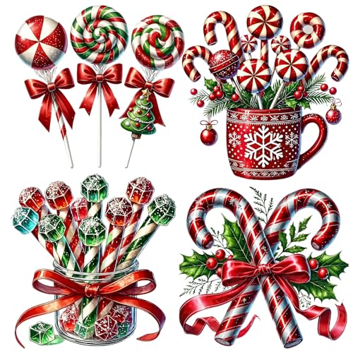 4pcs Christmas Candy Tree Bowtie Iron-On Transfers for T-Shirts & Crafts