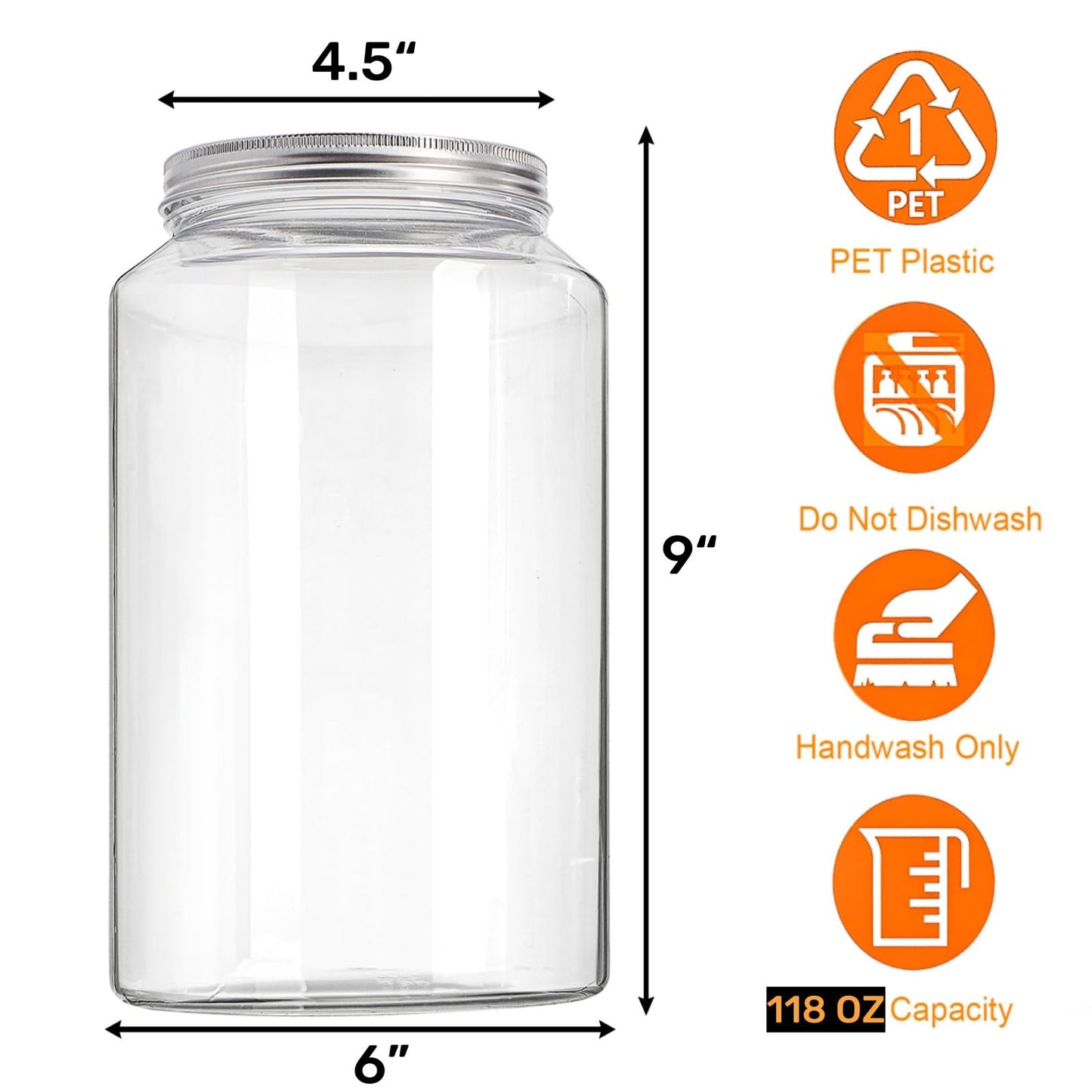 Tlence 2 Pack 1 Gallon Clear Plastic Jars, Large Food Storage Containers with Aluminum Lids, BPA Free Wide Mouth Mason Jug for Sourdough Starter, Dry Goods, Cookie, Candy, Fermenting, Pickling