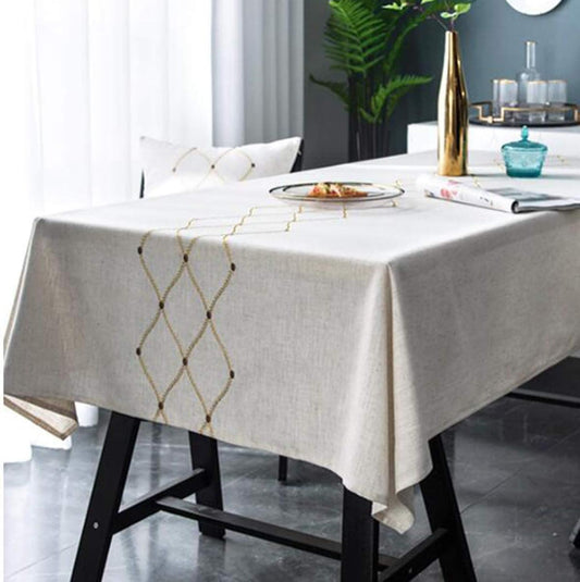 Heavyweight Cotton Linen Embroidery Tablecloth - Waterproof & Dust-Proof for Kitchen Dining (53 x 70 Inch, Rectangle/Oblong)