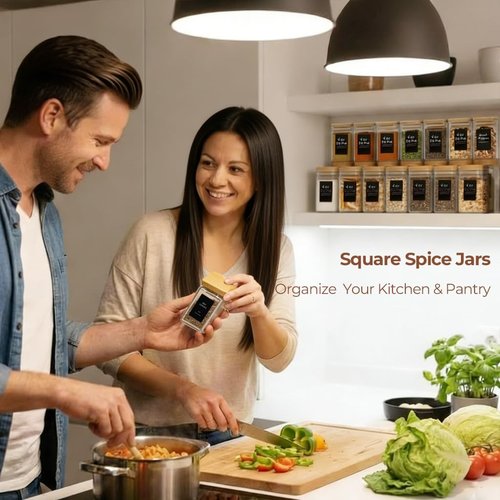 ComSaf 12Pcs Spice Jars - Airtight Glass Containers with Bamboo Lids & Labels | 8oz Square Design