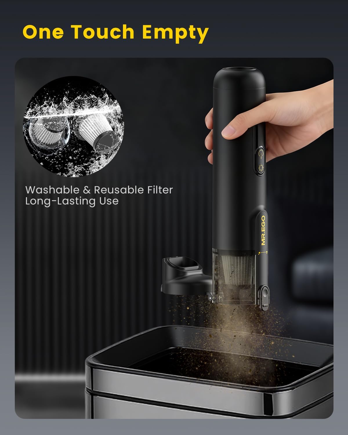 Mr.ego Handheld Car Vacuum - Portable 4-in-1 Mini Vacuum with 18500Pa Suction | Black with Green LED Light