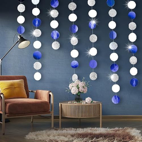 Shining Blue White Silver Circle Dots Hanging Garland Sparkling Blue White Silver Circle Dot Hanging Streamer Glitter Circle Bunting Banner Backdrop for Wedding Baby Shower Birthday Xmas Decor 40 Feet