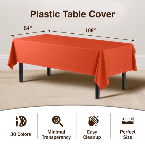 Exquisite Party Solids 6-Pack Premium Plastic Tablecloth 54in. x 108in. Rectangle Plastic Table Cover - Orange