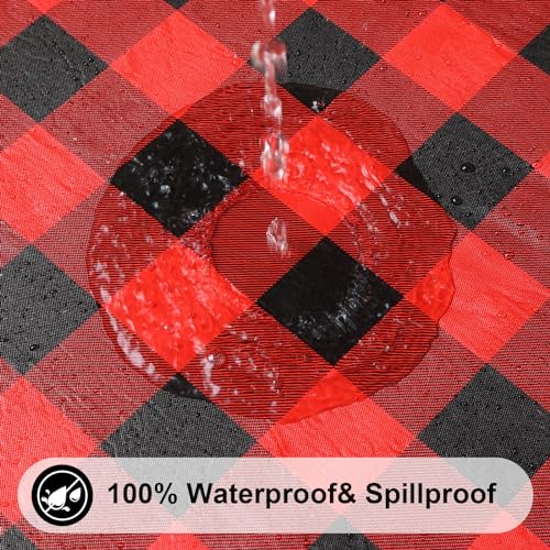 Smiry 72 x 42 inch Flannel-Backed Waterproof Vinyl Tablecloth - Red & Black Gingham, Elastic-Fit Fitted Table Cover