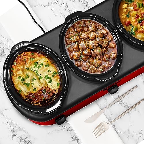 Elite Gourmet Triple Slow Cooker Buffet Server - 3 x 2.5 Qt, Red - Multi-Use Kitchen Appliance