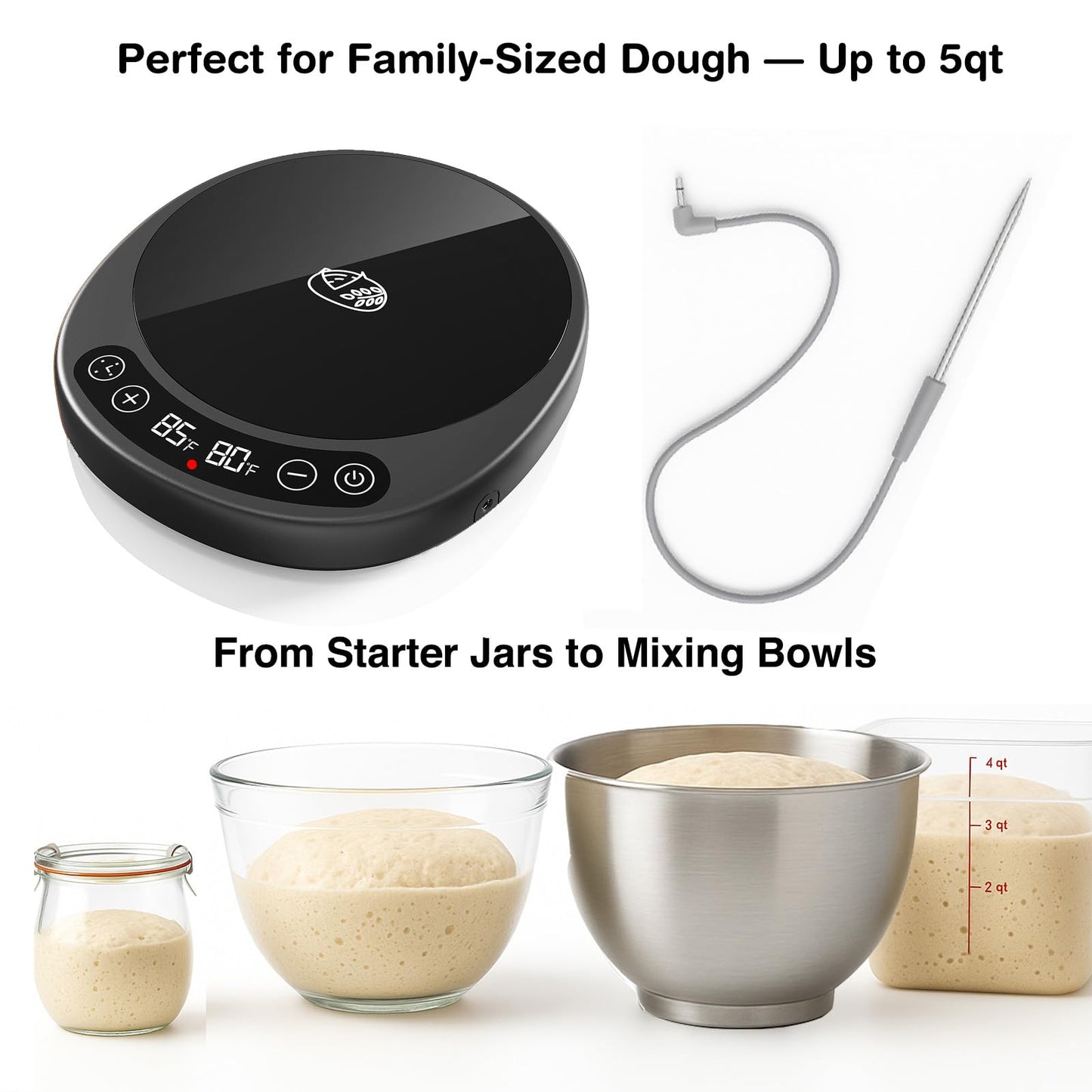 Risecret Pro 2026 Larger Sourdough Starter and Dough Warmer– Upgraded with Real-Time Dough Probe, Dual-Temp Display, 70-110°F Precision Control, 24H Timer Game Changer for Home Bakers Black