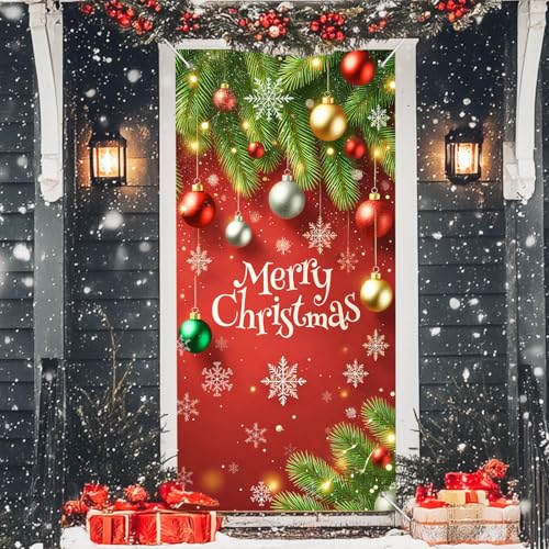 IVN Christmas Red Door Cover Banner with Ornament Branch - 71x35 Inch