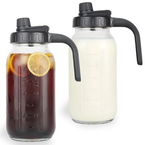 Glass Mason Jar Pitcher with Lid - 2 Quart (64 oz) Wide Mouth Water Jug, Set of 2 - BPA-free, Leak Proof - Sun & Iced Tea Pitcher, Cold Brew Coffee, Breast Milk Storage, Juice, Drink