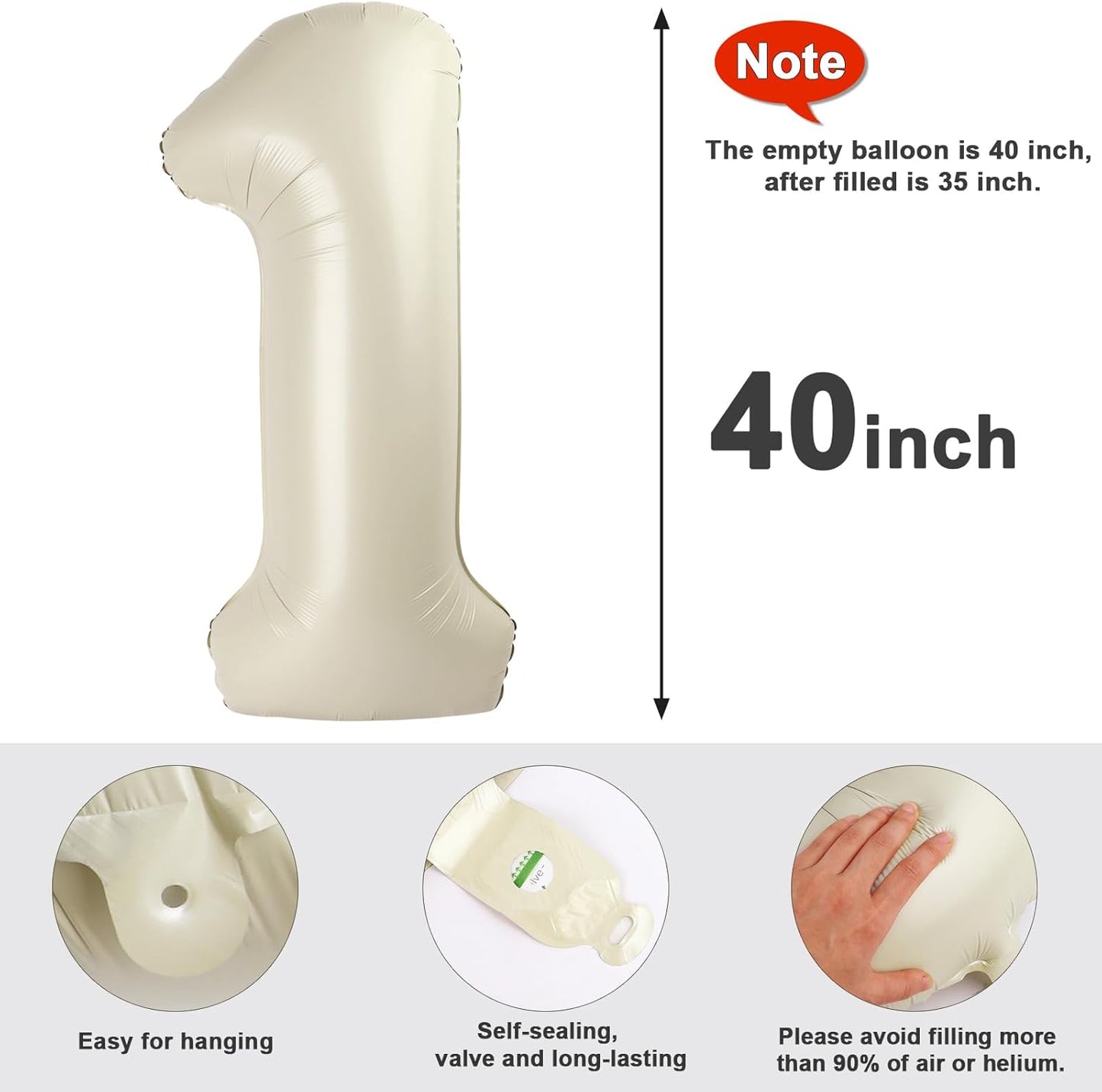 Number Balloons - 40 Inch Cream White 1 Balloon for 1st Birthday Party Decorations & Baby Showers