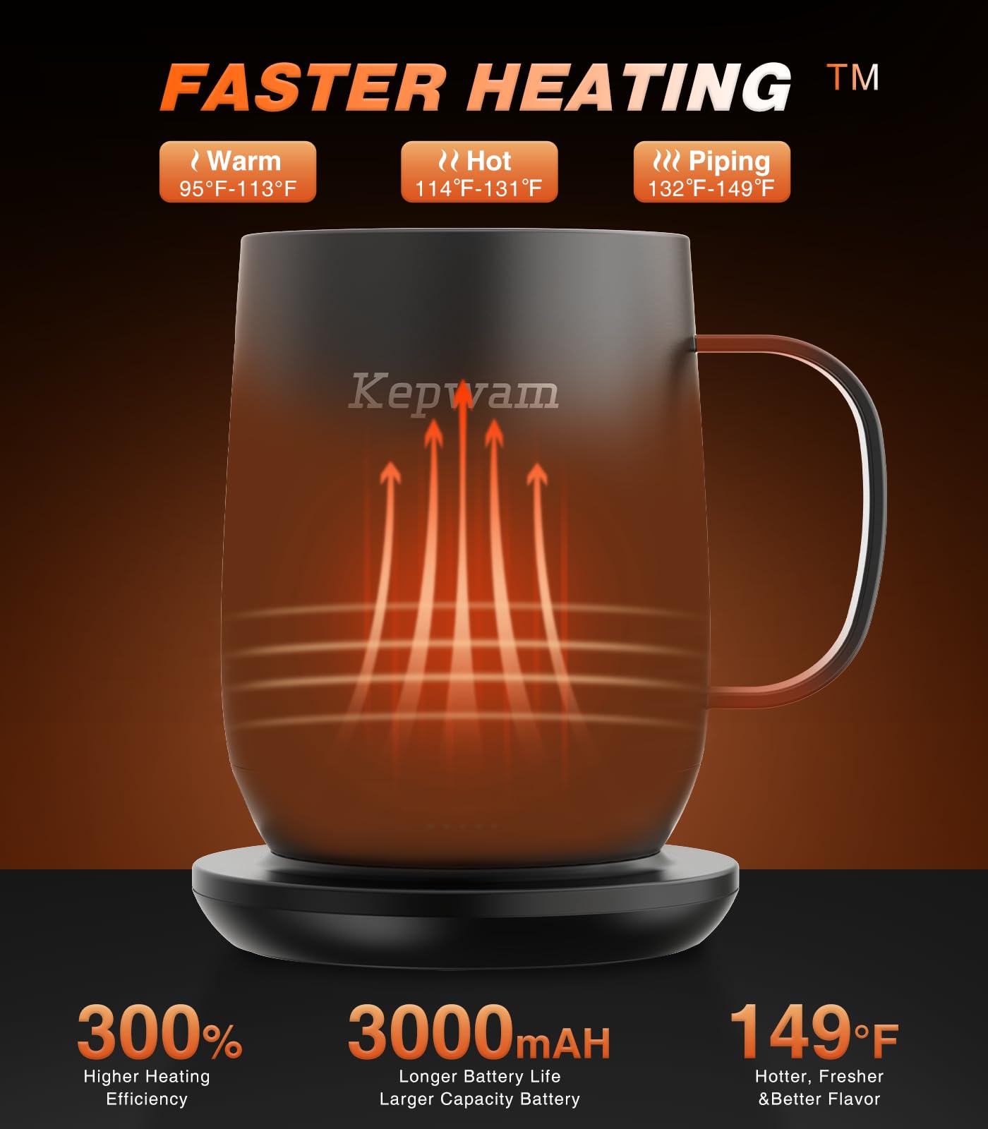 Kepwam Self Heating Coffee Mug T2, 16oz Smart Heated Coffee Mug, 150 Min Battery Life - Hot up to 149℉ Temperature Control Coffee Mug Warmer, Gifts for Dad Mom (No APP)