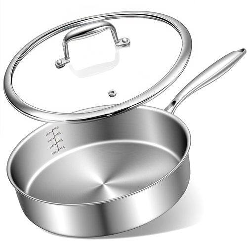 EWFEN 12 Inch Tri-Ply Stainless Steel Frying Pan, Compatible with All Cooktops Up to 600℉, Large Frying Pan with lids, Induction-Ready Skillet, Dishwasher and Oven Safe, Even Heat, 12" Saute Pan+Lid