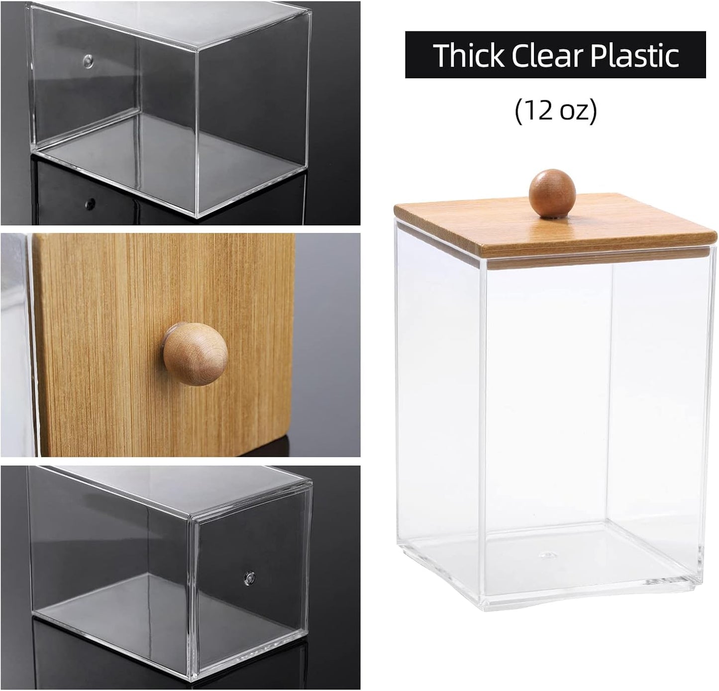 Tbestmax Square Qtip Holder Set - 12 oz Bathroom Organizers with Bamboo Lids for Cotton Swabs & Balls