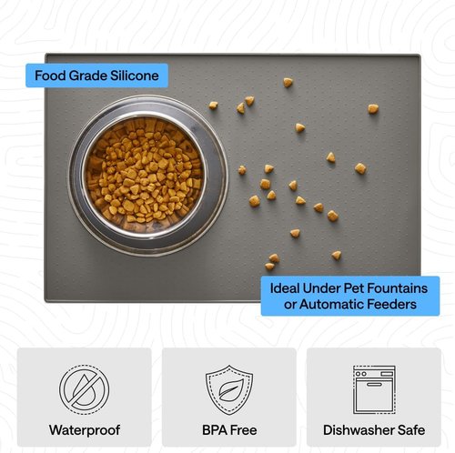 GORILLA GRIP Waterproof Silicone Pet Feeding Mat - 100% BPA Free, Spill-Proof Design | 18.5x11.5 Gray
