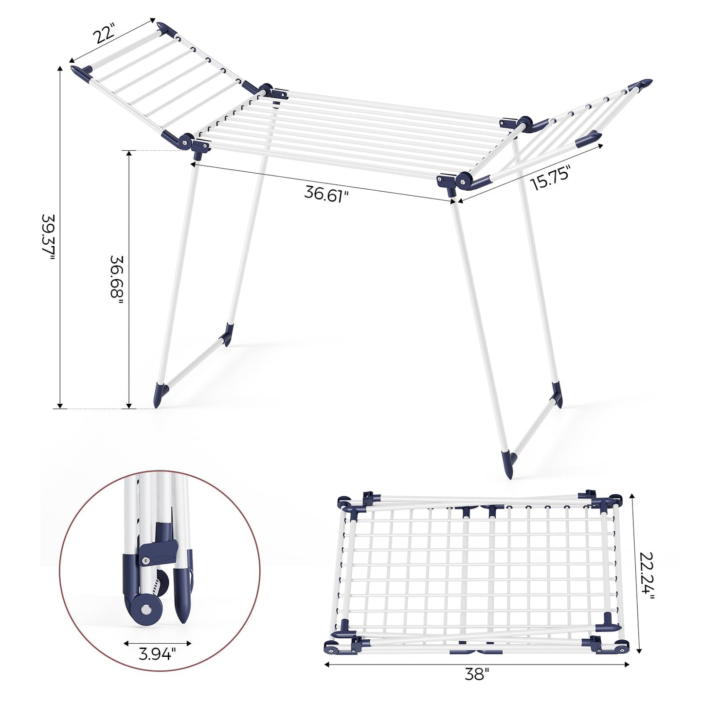 APEXCHASER Clothes Drying Rack Foldable, Large Drying Rack Clothing, Winged Laundry Rack Folding Indoor Outdoor, Metal Clothes Airer for Bedding Towel Sweater Heavy Duty, 68.9" X 22" X41.3", White