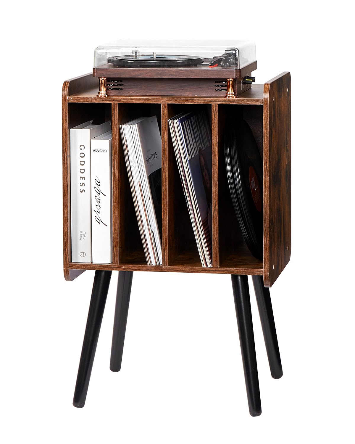 VEVOR Record Player Stand, 2 Tiers Turntable Stand with 4 Cabinets, Holds up to 100 Albums, Wooden Vinyl Record Storage Cabinet with Display Shelf for Bedroom, Living Room, Brown
