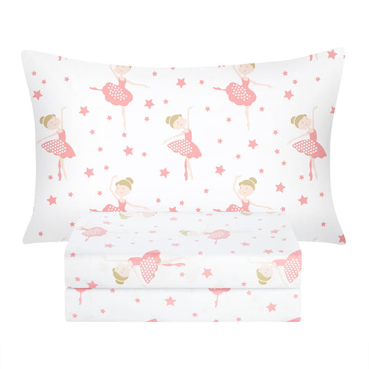 BYSURE Twin Sheets Set Kids(Ballerina, Pink), 3 Pieces Easy Fit Deep Pocket Sheets Set, Breathable Wrinkle-Free Microfiber Bedding for Children