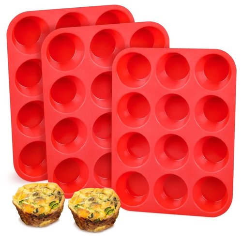 CAKETIME Silicone Muffin Pan, 12-Cup Cupcake Pan for Baking 3 Pack Nonstick Food Grade Silicone Muffin Tray