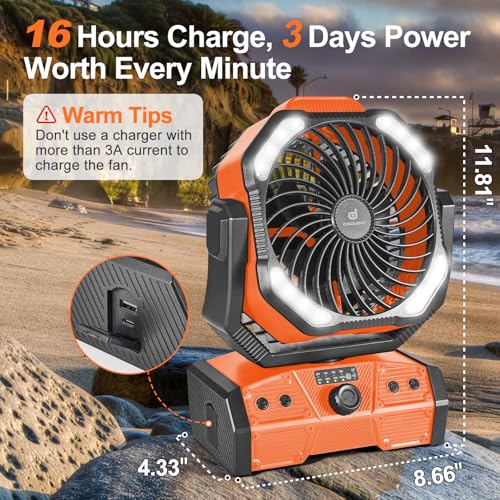 40000mAh Portable Camping Fan with Lantern and Remote - Orange