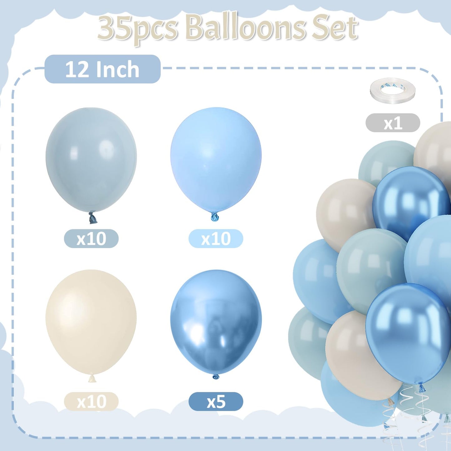 Blue White Sand Balloons Dusty Slate Fog Pastel Metallic Blue Beige Balloon 12INCH Helium Latex Balloon for Arch Kids Birthday Party Decorations Baby Boy Shower Christening Bridal Wedding Decor
