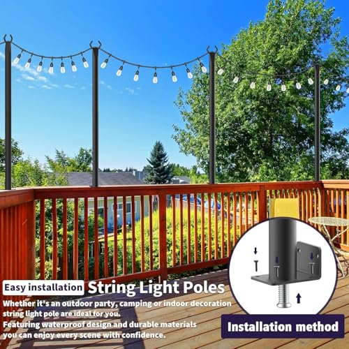 AHRLHR 6 Pack 5FT Outdoor String Light Poles with Fixing Clips, Adjustable Metal Garden & Deck Lighting Supports