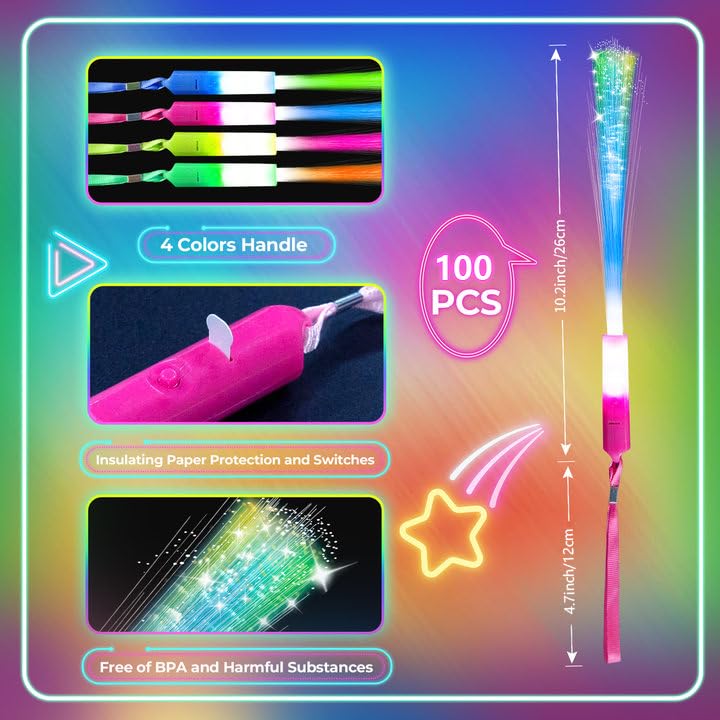 Glow Fiber Optic Wands Set - 100 LED Flashing Light Sticks for Party, Wedding, Halloween & New Year - Color Pack