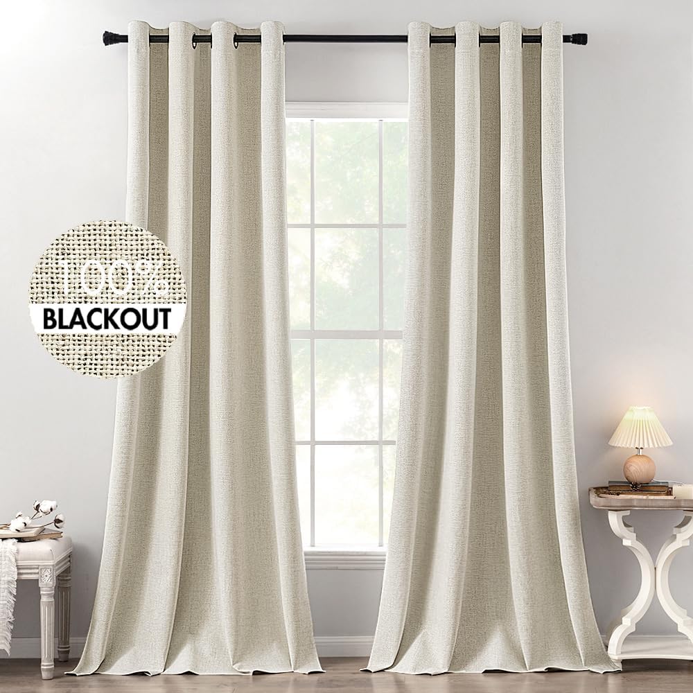 MIULEE 100% Blackout Linen Textured Curtains - Thermal Insulated Room Darkening Drapes | Cream, 52 x 120 Inch (2 Panels)
