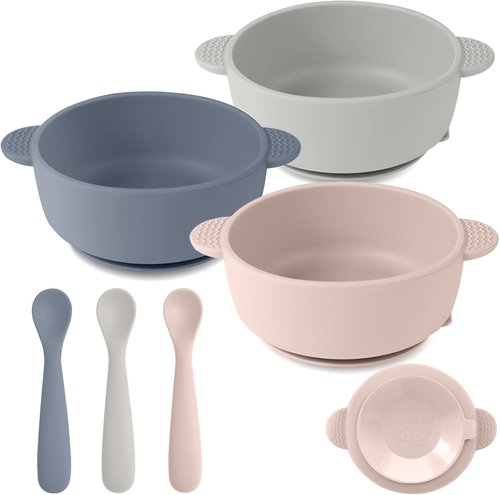 Eascrozn Silicone Baby Feeding Set - 3 Suction Bowls & 3 Spoons | BPA-Free, Microwave & Dishwasher Safe