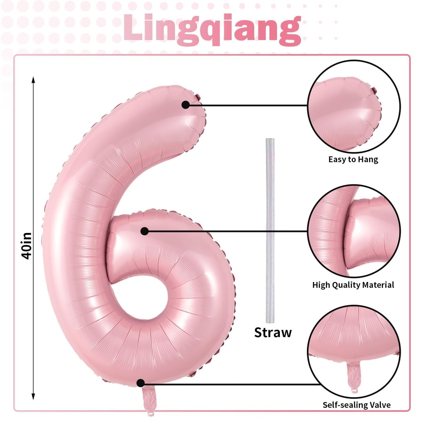 Pastel Pink Number 6 Balloons, 40 In Large Light Pink Number 6 Foil Helium Balloons for Girls, Self Inflating Number Balloons 0-9 for Girls 6th 16th Birthday Women Anniversary Party Decoration