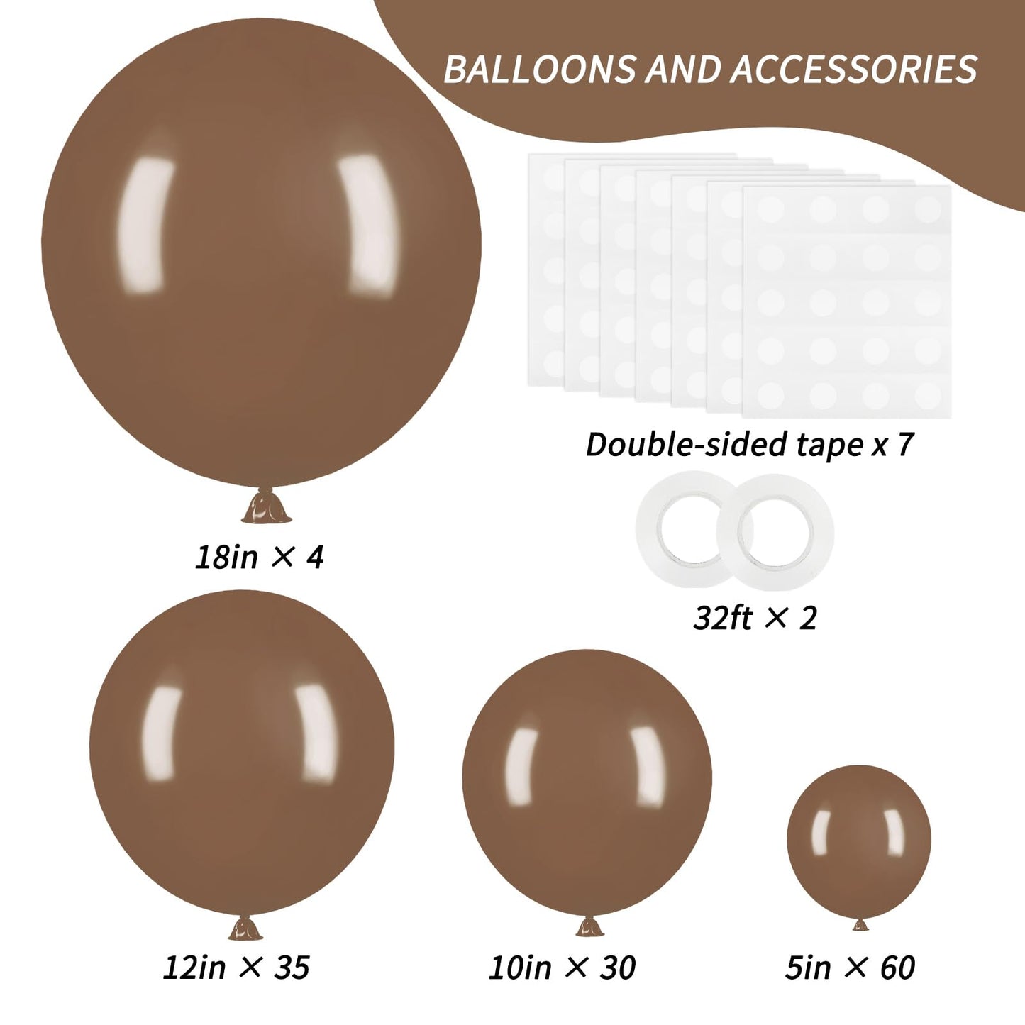 RUBFAC Brown Balloons, 129pcs Different Sizes 18 12 10 5 Inches for Garland Arch Kit, Premium Boho Coffee Brown Latex Balloon for Birthday Party Graduation Wedding Anniversary Baby Shower Decoration