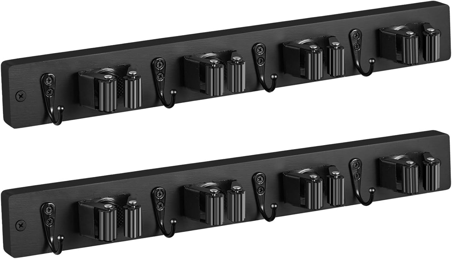 OUTNILI Wall Mounted Mop Broom Holder - 2 Pack Black Organizer with 4 Slots & Hooks for Garage, Closet, Laundry Room