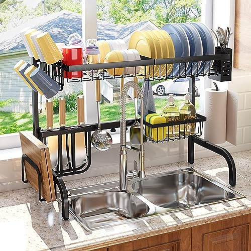 Over The Sink Dish Drying Rack Black - Adjustable 25.5-33.5 Inches, 2-Tier Kitchen Organizer