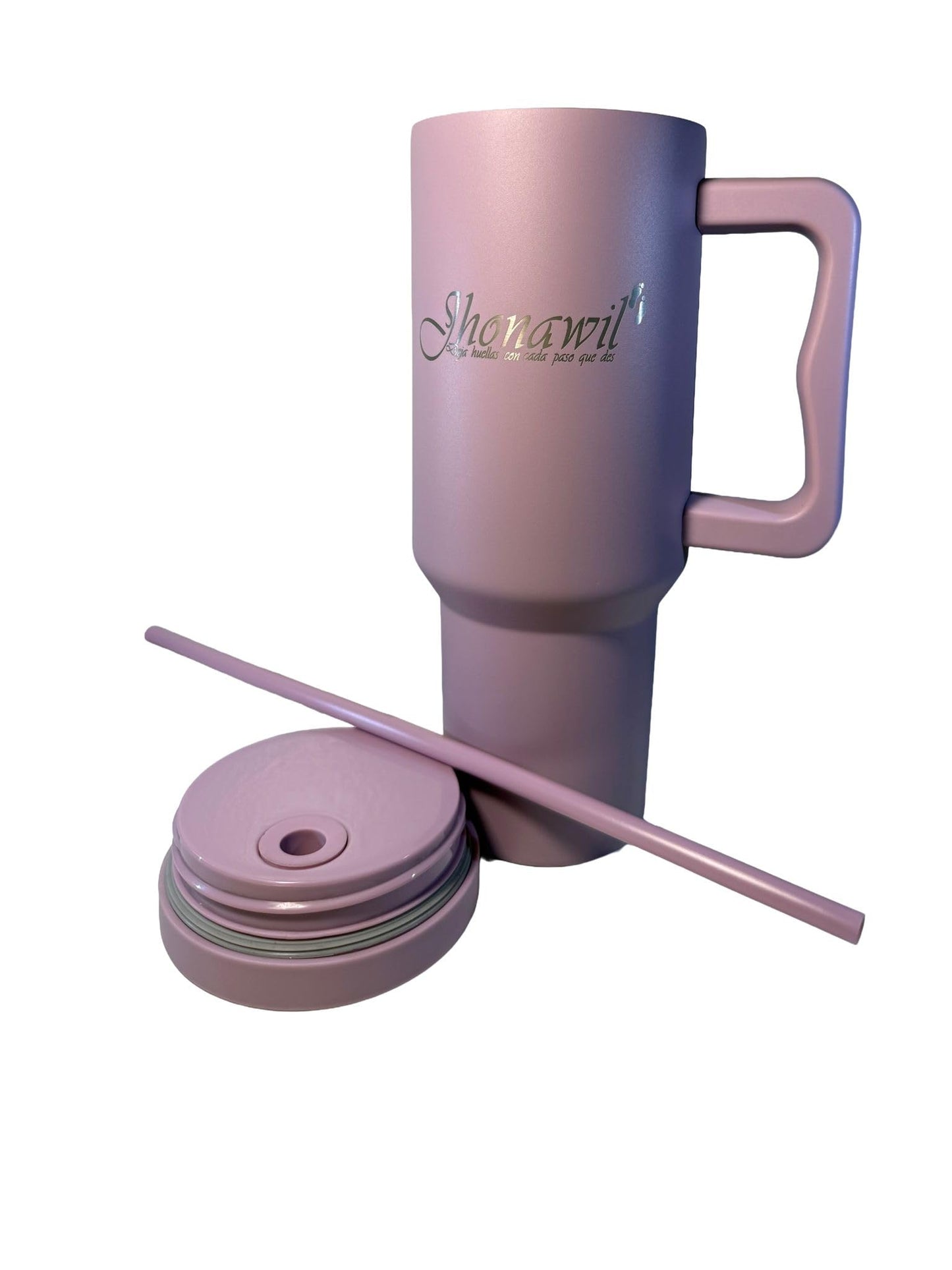 Jhonawil 40 Oz Tumbler with Handle and Straw Lid Cup Holder Friendly Insulated Stainless Steel Travel Mug with Spanish Slogan (Purple)