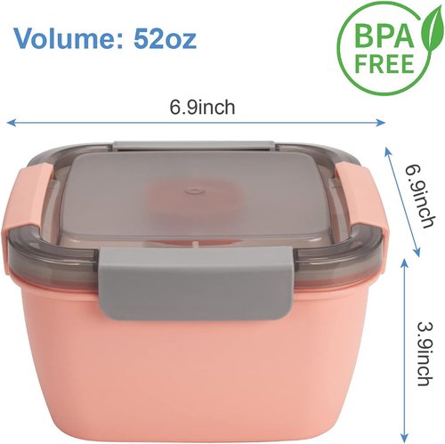 Freshmage Salad Lunch Containers - 2 Pack 52-Oz Bowls with 3 Compartments & Dressing Containers - Pink & Green