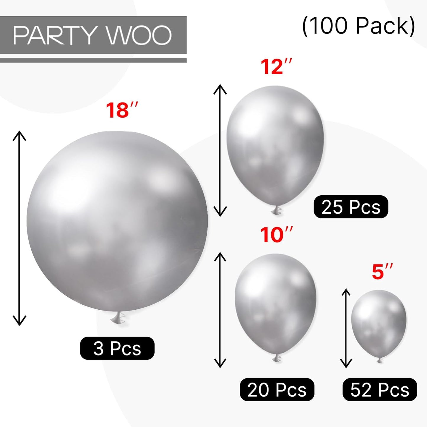 PartyWoo Silver Balloons - 100-Piece Arch Kit with Various Sizes for Birthday & Wedding Decor