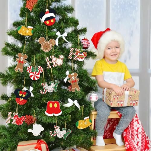 24 Pcs Christmas Decorations with Golden Fine Threads, Wooden Mouse Ornaments for Holiday Christmas Trees Hanging Party Decorations for Tree Home Fireplace (Red)