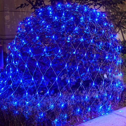 WATERGLIDE Blue Outdoor Christmas Mesh Net Lights 12ft x 5ft, 360 LEDs, 8 Modes, Waterproof Garden Decor