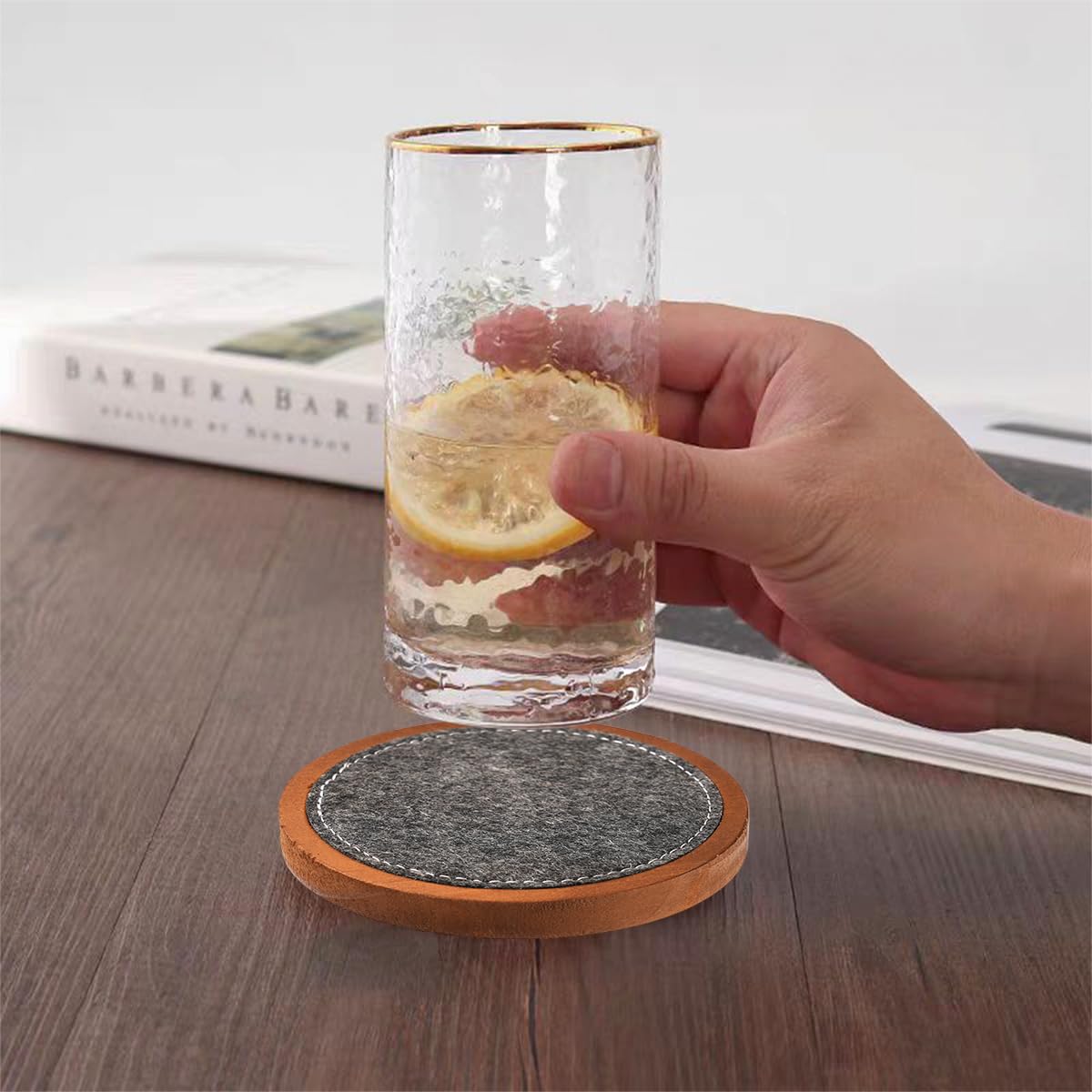Wood Coaster for Drinks, Set of 5, Absorbent and Insulation Felt Stackable Cup Holders, Coasters for Wooden Table,4.15 inch