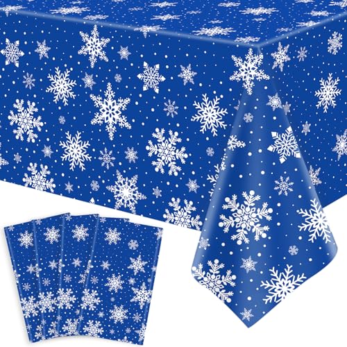 4 Pack Xmas Tablecloth Christmas Snowflake Table Cloth White Snowflake Blue Backdrop Table Covers Xmas Party Decorations for Winter Christmas Holiday New Year Party Supply 51 x 86 Inch