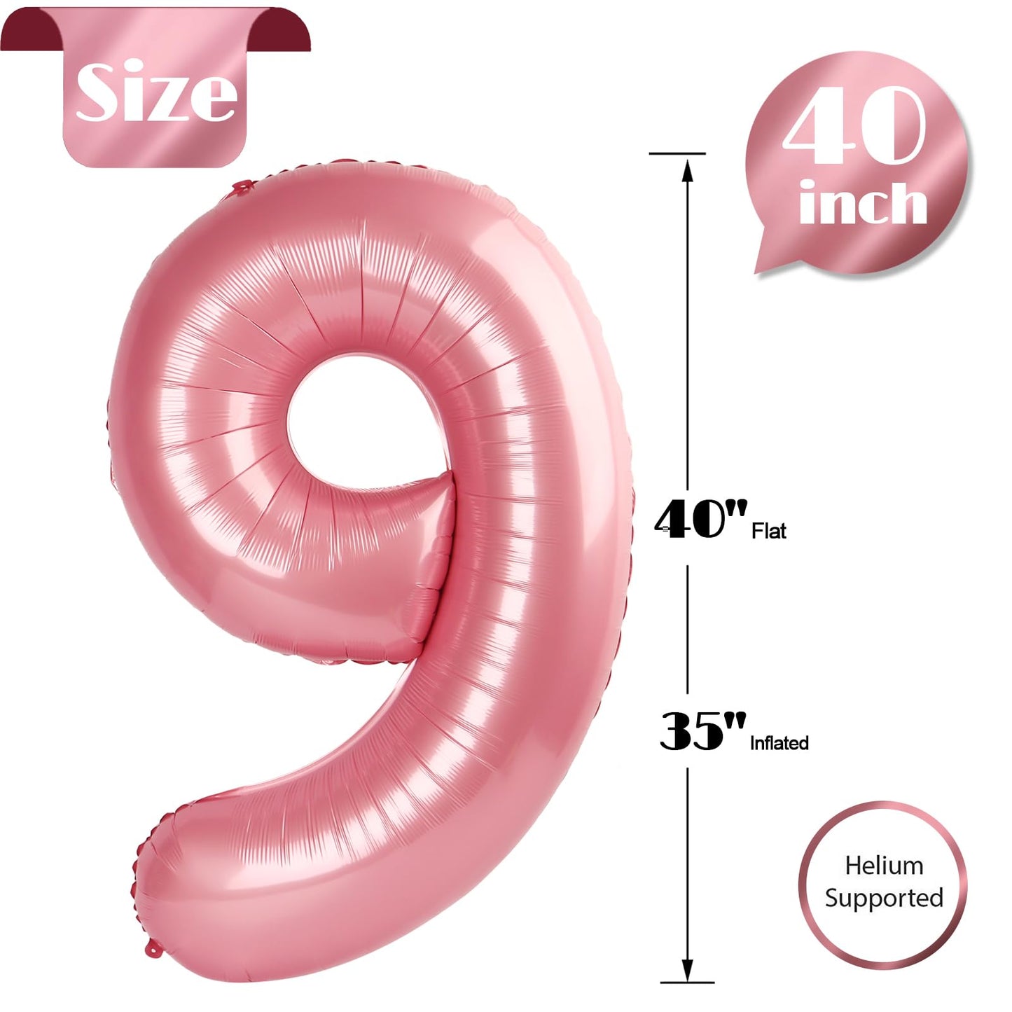 Pearlescent Pink Number 9 Balloon 40 Inch, 9th Birthday Party Decorations for Children, Giant 9 Foil Balloon for Party Supplies