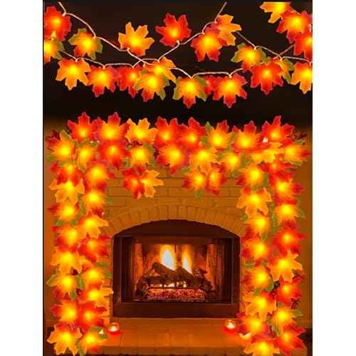 Fall Thanksgiving Decorations for Home 2Pack Total 20ft 40LED Enlarged Maples Leaf String Lights Battery Operated Maple Leaves Garland with Lights for Indoor Outdoor Autumn Halloween Christmas Decor