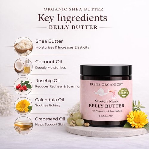 Irene Organics Organic Belly Butter - Award-Winning Stretch Mark Prevention & Treatment Balm | 4oz Hydrating Tummy Cream