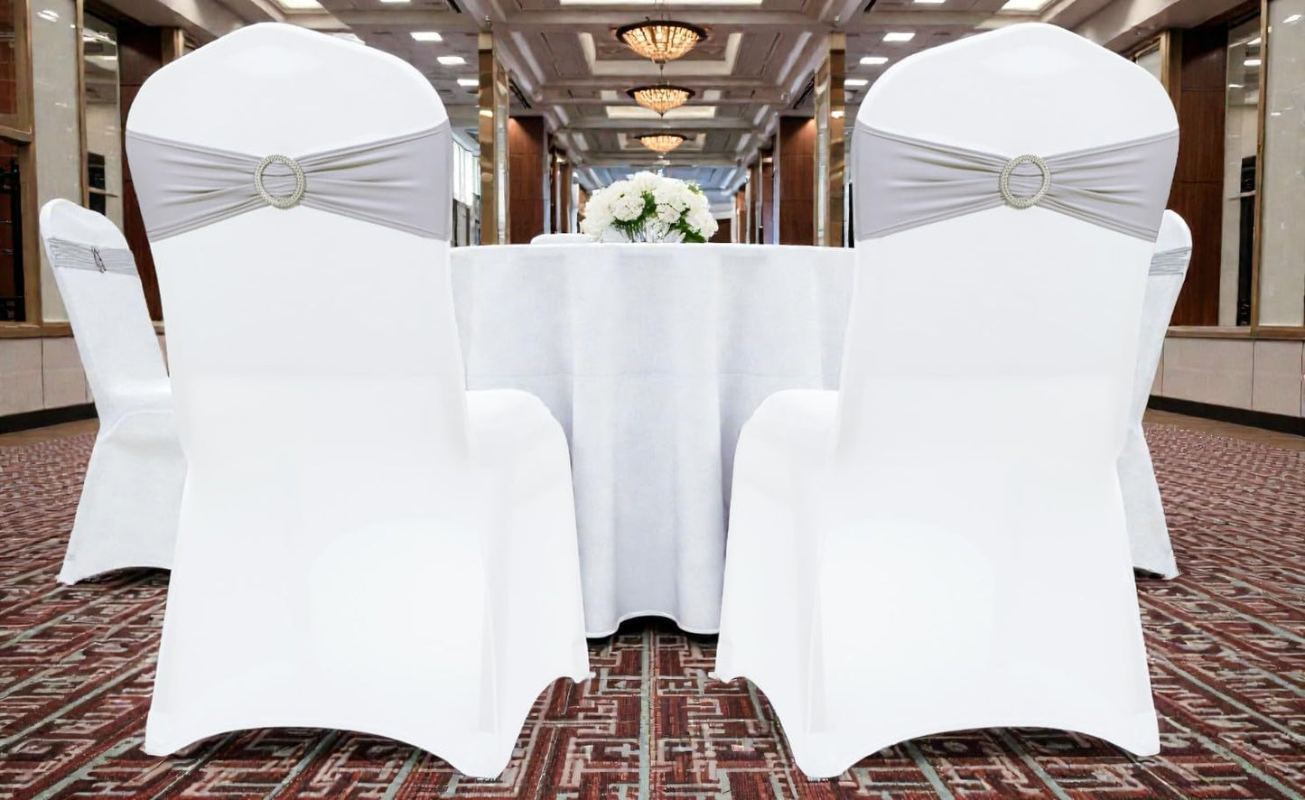MDS Premium Stretch Chair Sashes - Pack of 100 Elastic Covers with Buckle Slider | Light Silver