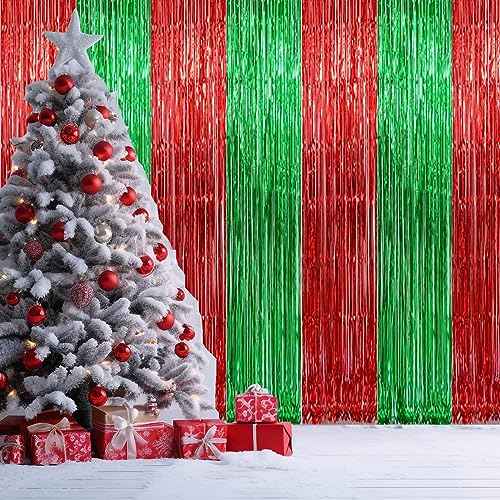 2 Pack 3.2ft x 9.8ft Christmas Metallic Foil Fringe Curtain, Red Green Tinsel Curtains Streamer Large Party Photo Booth Props Backdrops for Happy New Year Birthday Wall Door Indoor Outdoor Decorations