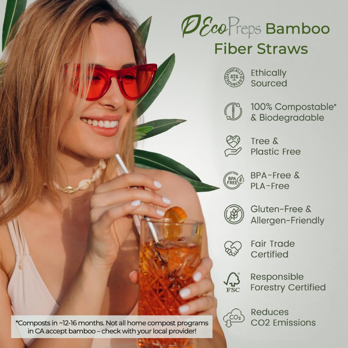 EcoPreps Biodegradable Bamboo Fiber Straws | 300 Count, 100% Compostable, Plastic-Free, Eco-Friendly Drinking Straw | 7.8'' Plant Fiber Disposable Straws, White Straw | Durable for Warm & Cold Drinks