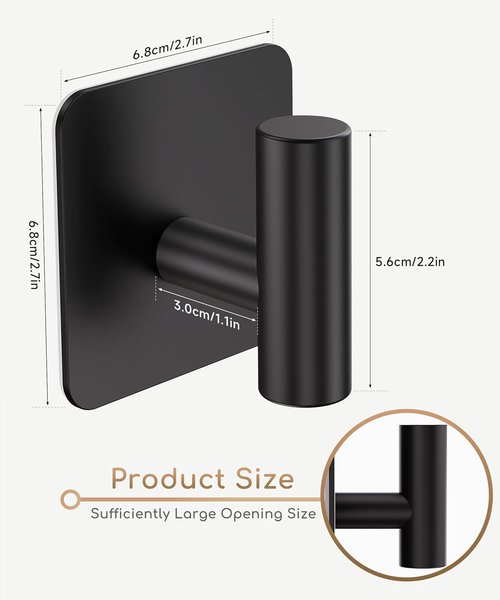 Aikzik 4 Pack Heavy Duty Wall Hooks - 26lb Max Stainless Steel Adhesive Towel & Coat Hooks | Matte Black