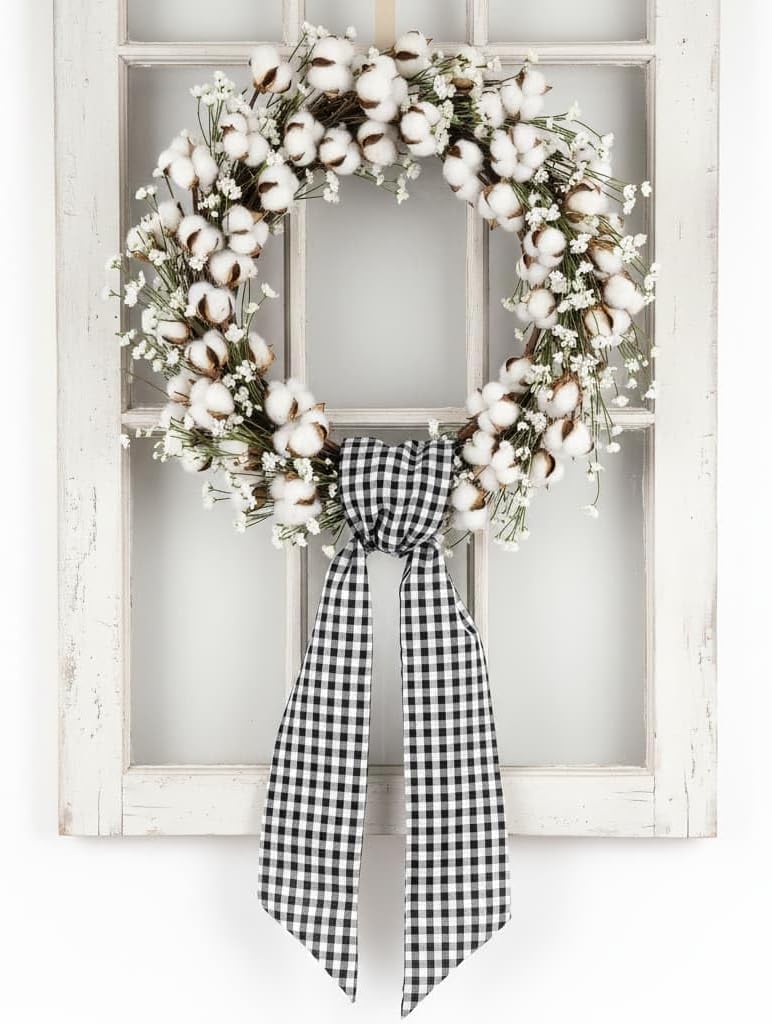 Regine Switzerland Wreath Sash - Black White Checkered Plaid Bow Ribbon for Year-Round Home Decor (5.12" x 54.33")