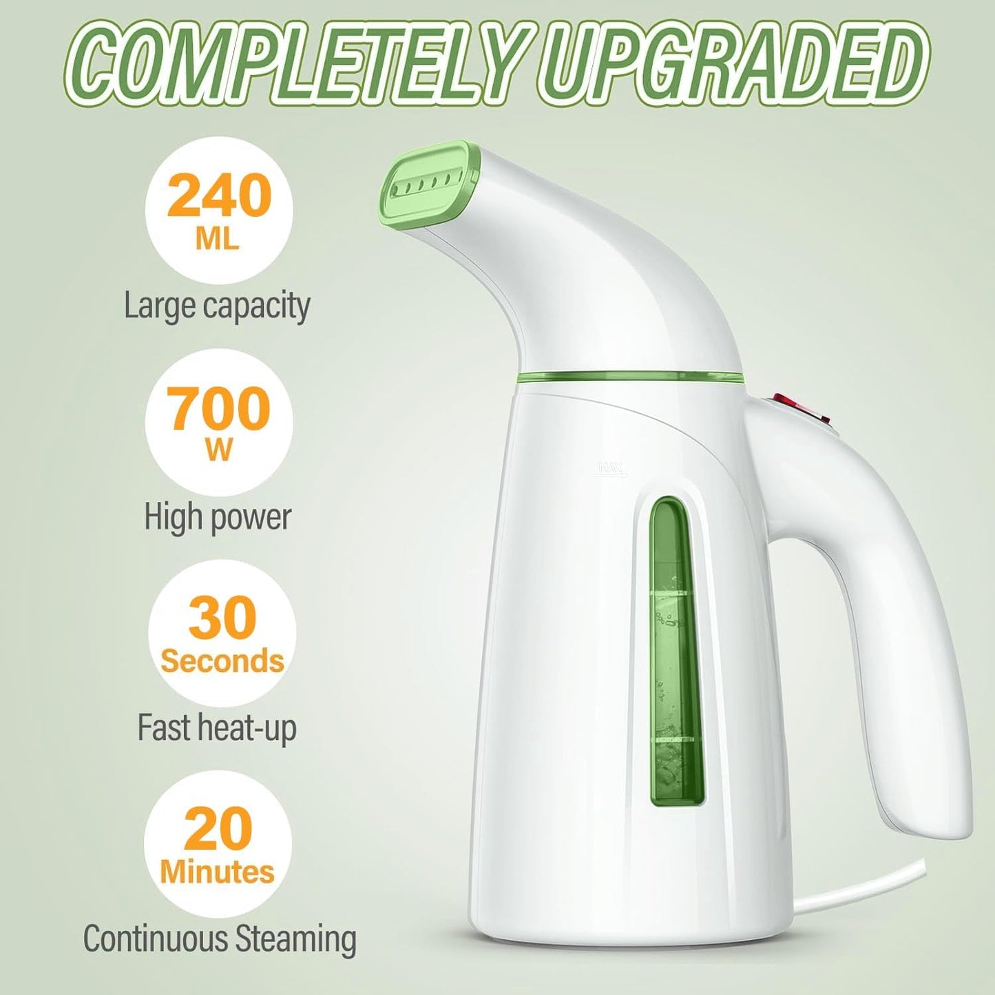 OGHom Portable Handheld Garment Steamer - 240ml Capacity, 700W Fast Heat Up in Pale Green