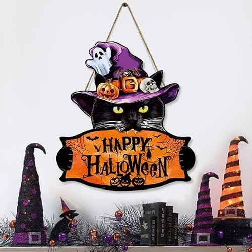 Halloween Welcome Sign Hanging Wood Decor- Halloween Door Sign with Black Cat, Witch Hat, Ghost and Pumpkins, Indoor Outdoor Hanging Decor for Holiday Welcome